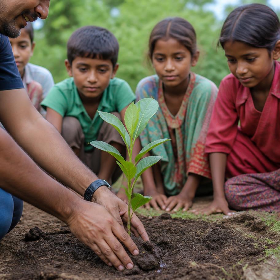 A volunteer planting a sapling with children watching