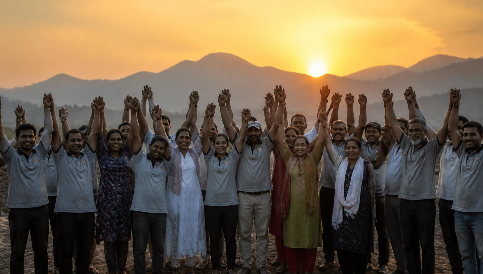 Volunteers standing together with hands raised at sunset
