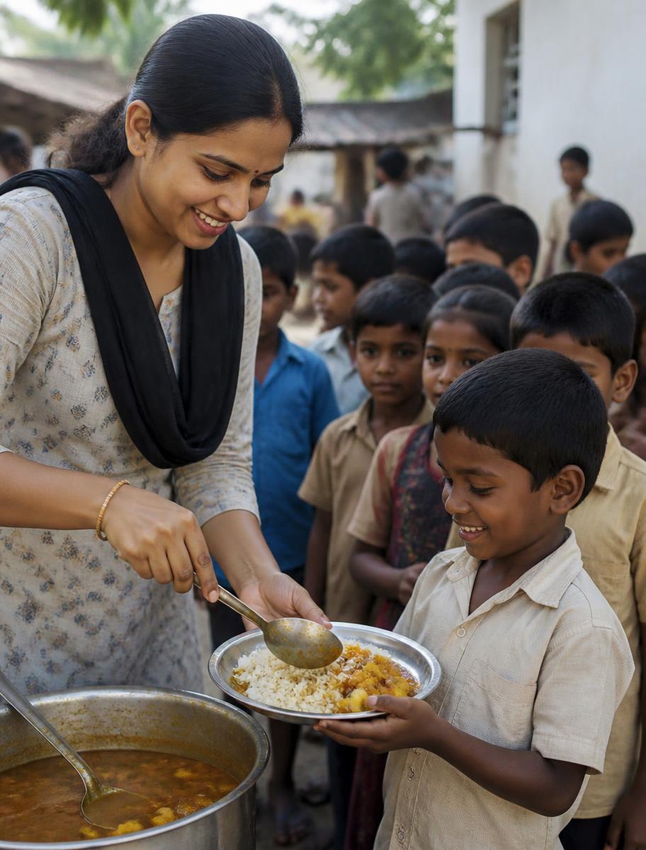 Serving hot meals to children at a village school