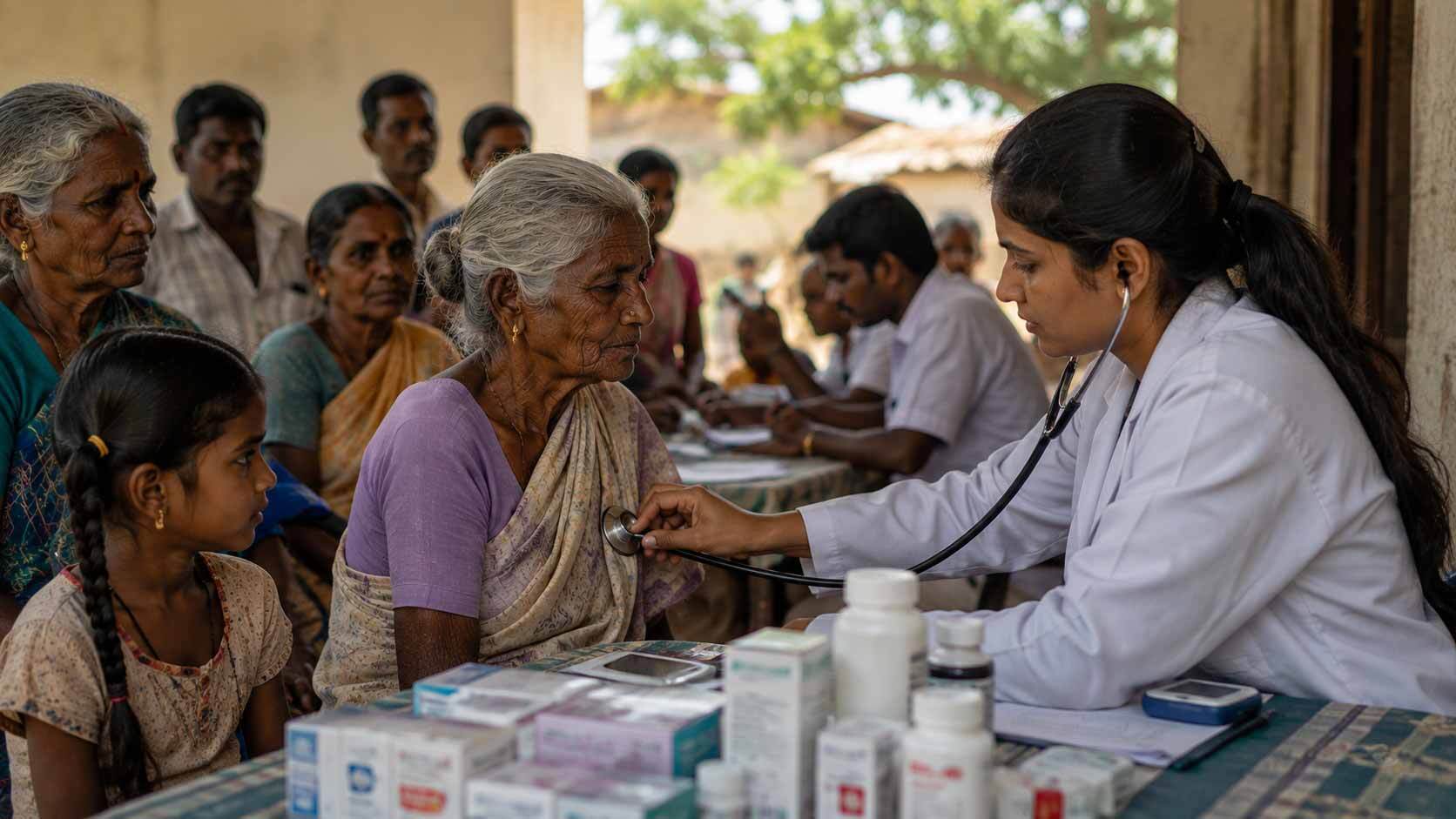 Doctor examining a patient at a free medical camp