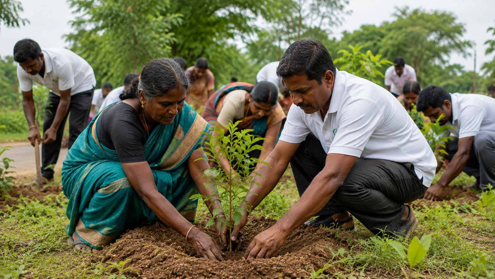 Planting a sapling with village children