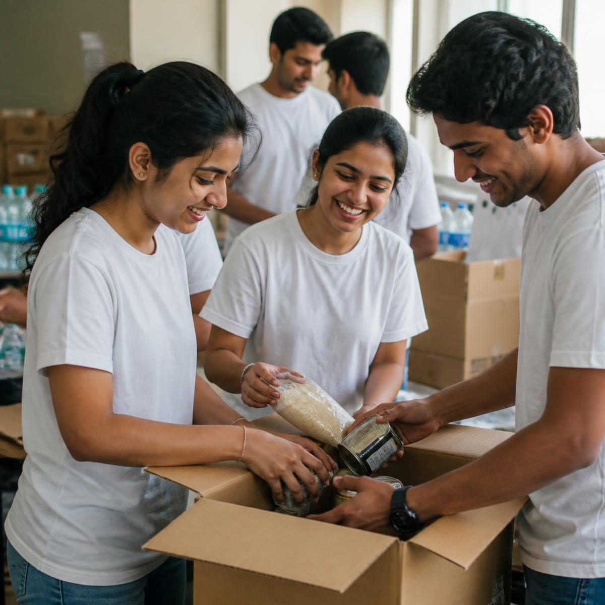 Volunteers packing relief boxes